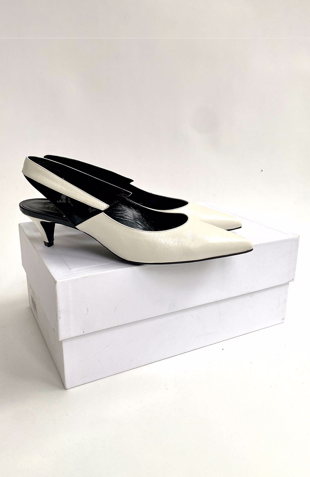 Celine Slingback Heels - White, Size 39 W. Box